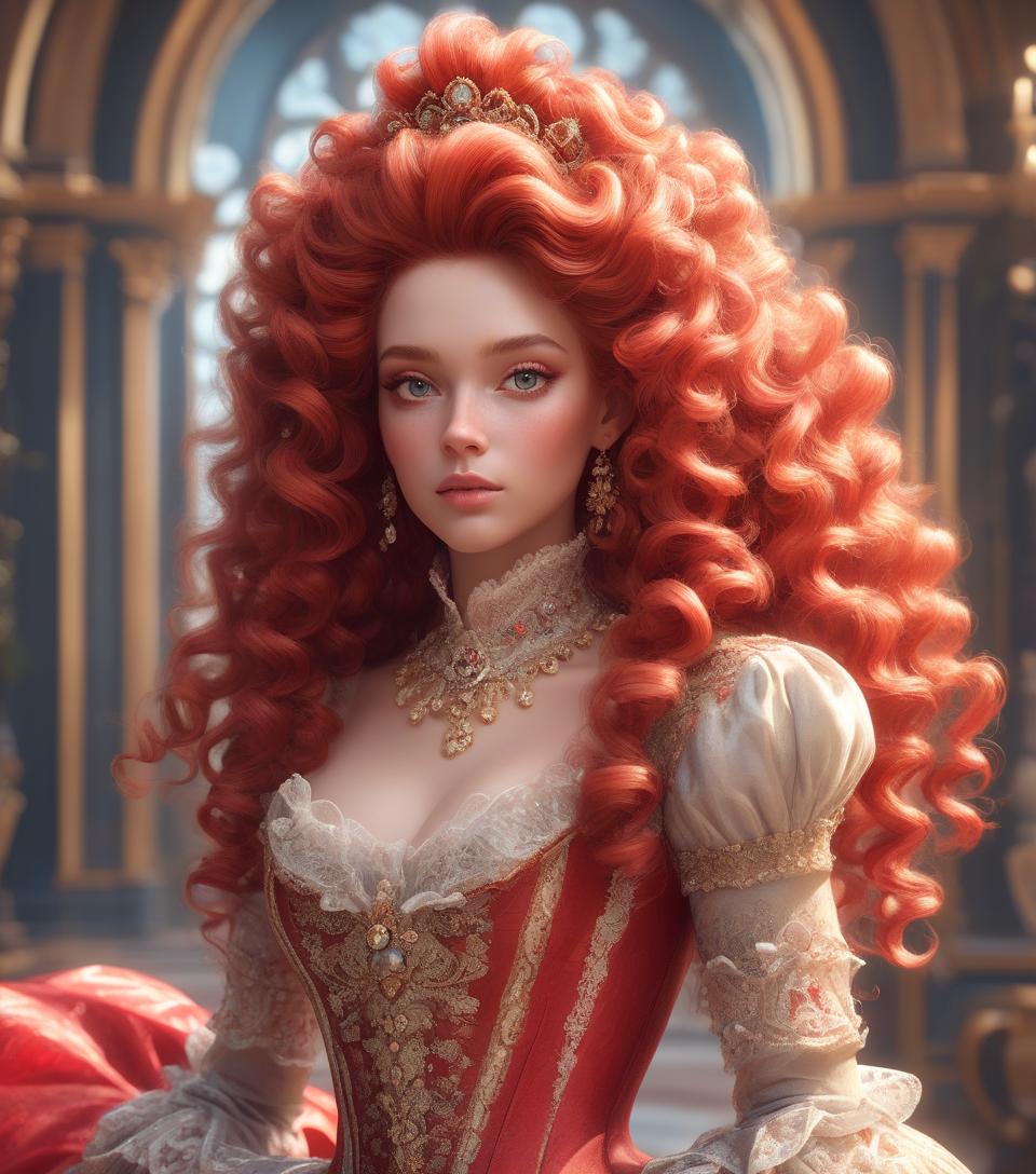  "beautiful rococo princess", elaborate gown, massive curly red rococo hair, head and shoulders portrait, finely drawn eyes, 8k resolution concept art portrait dynamic lighting hyperdetailed intricately detailed splash art trending on artstation unreal engine 5 volumetric lighting