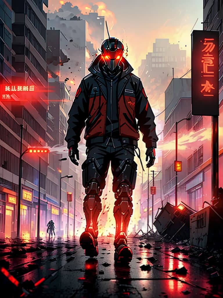  Man vs AI Robots, a deluge of burning buildings, blood and bodies litter the street.