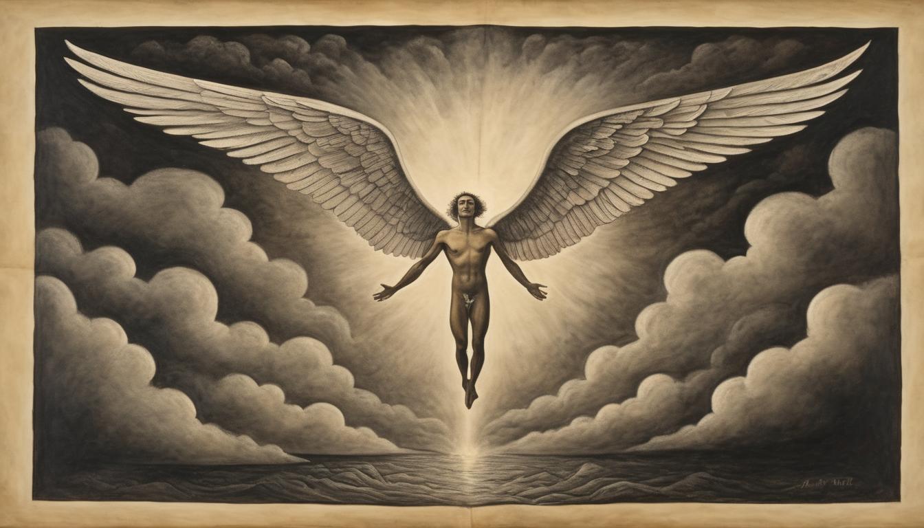  on parchment, surrealism++, a figure soaring through a dark cloudy sky, wings made of light, breaking free, transcendence, illumination(mysterious, provocative, symbolic)++