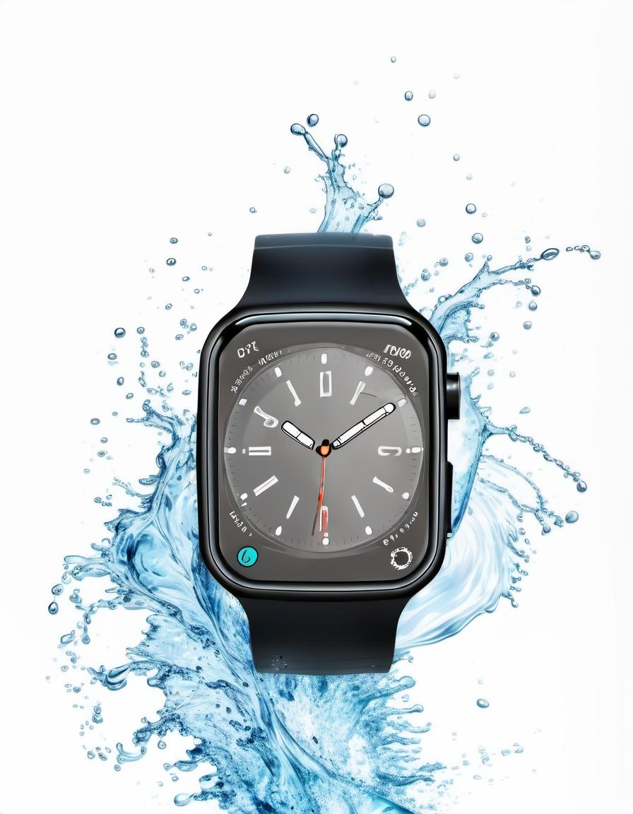  smart watch on a white background, around beautiful splashes of water, film photography style