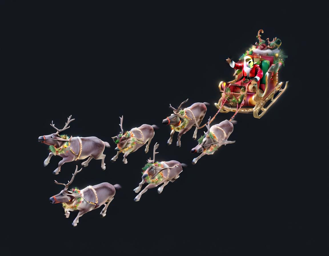  professional 3d model christmas, santa is riding in a sleigh pulled by a herd of reindeers . octane render, highly detailed, volumetric, dramatic lighting, civitai hyperrealistic, full body, detailed clothing, highly detailed, cinematic lighting, stunningly beautiful, intricate, sharp focus, f/1. 8, 85mm, (centered image composition), (professionally color graded), ((bright soft diffused light)), volumetric fog, trending on instagram, trending on tumblr, HDR 4K, 8K