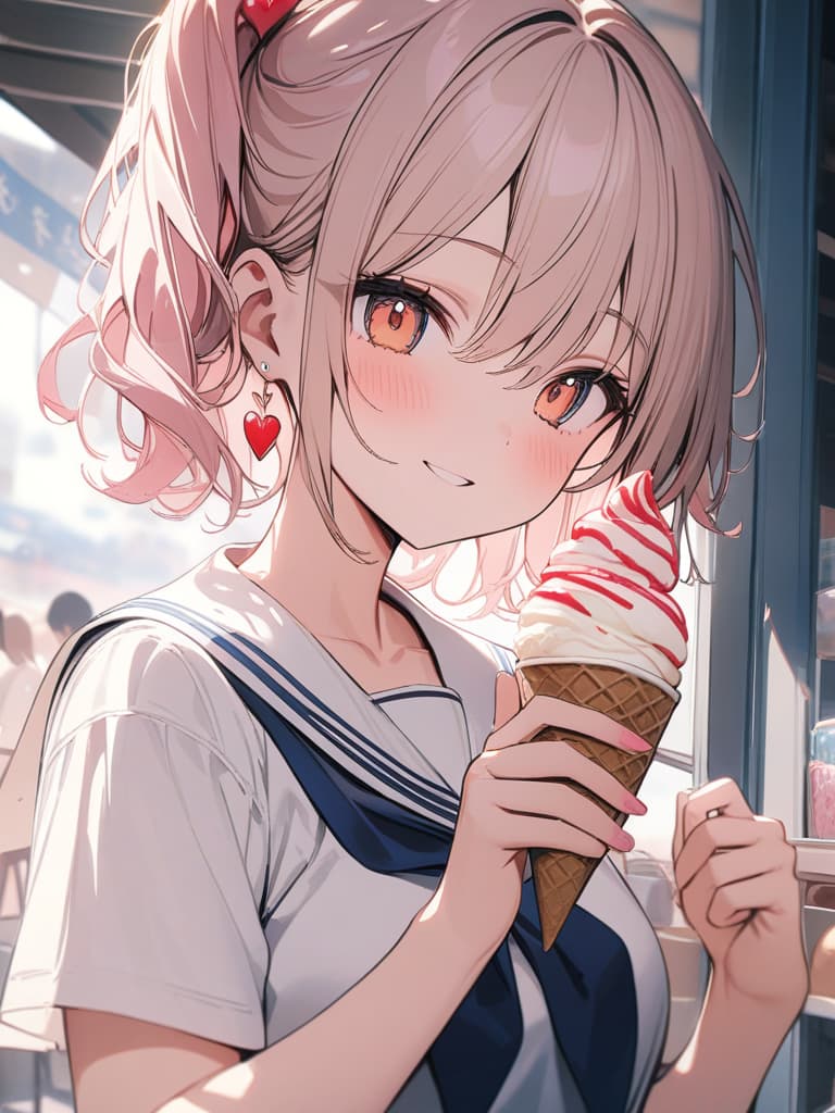  heart earrings, girls, sailor uniforms, cute, ice cream, smiles, blonde, pink hair, masterpiece, best quality,8k,ultra detailed,high resolution,an extremely delicate and beautiful,hyper detail