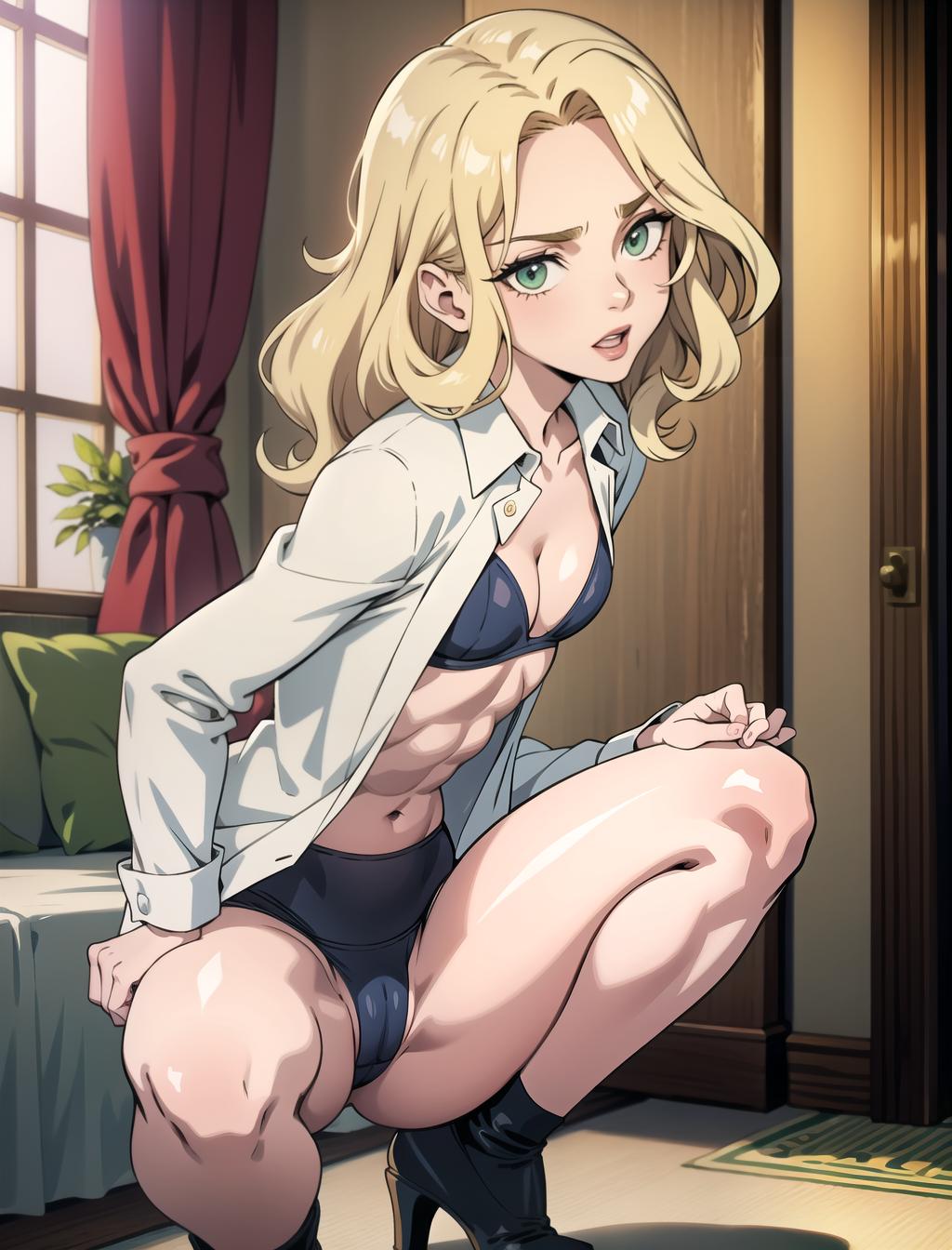   old model squatting on a silicone toy, green eyes, full lips, thin face, curly blonde hair, , wearing business attire at a fancy hotel, fully open shirt showing her small round s, toned abs, v line, micro (cameltoe)