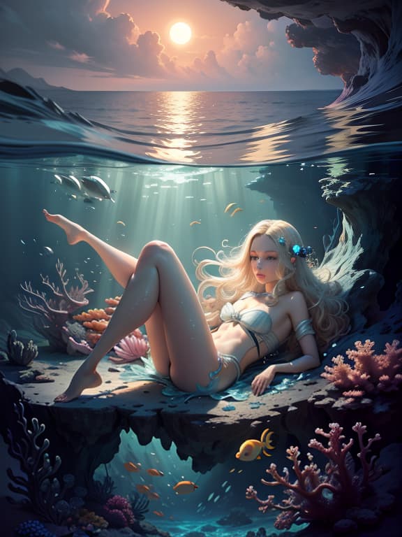  master piece, best quality, ultra detailed, highres, 4k.8k, blonde woman., exploring the ocean depths, swimming gracefully, observing the marine life., serene and curious., break mysterious beauty in the underwater world., vibrant coral reef., colorful tropical fish, seashells, and sea anemones., break peaceful and enchanting., subtle rays of sunlight filtering through the water, creating a dreamy and ethereal ambiance., lunarpunkai