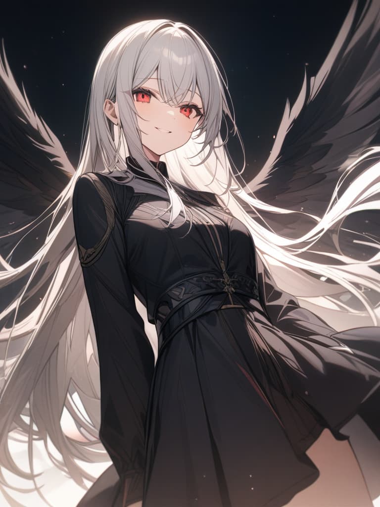  big s, whole body, white hair, super long long hair, smiling, beautiful , red eyes, black wings, round spells behind, masterpiece, best quality,8k,ultra detailed,high resolution,an extremely delicate and beautiful,hyper detail