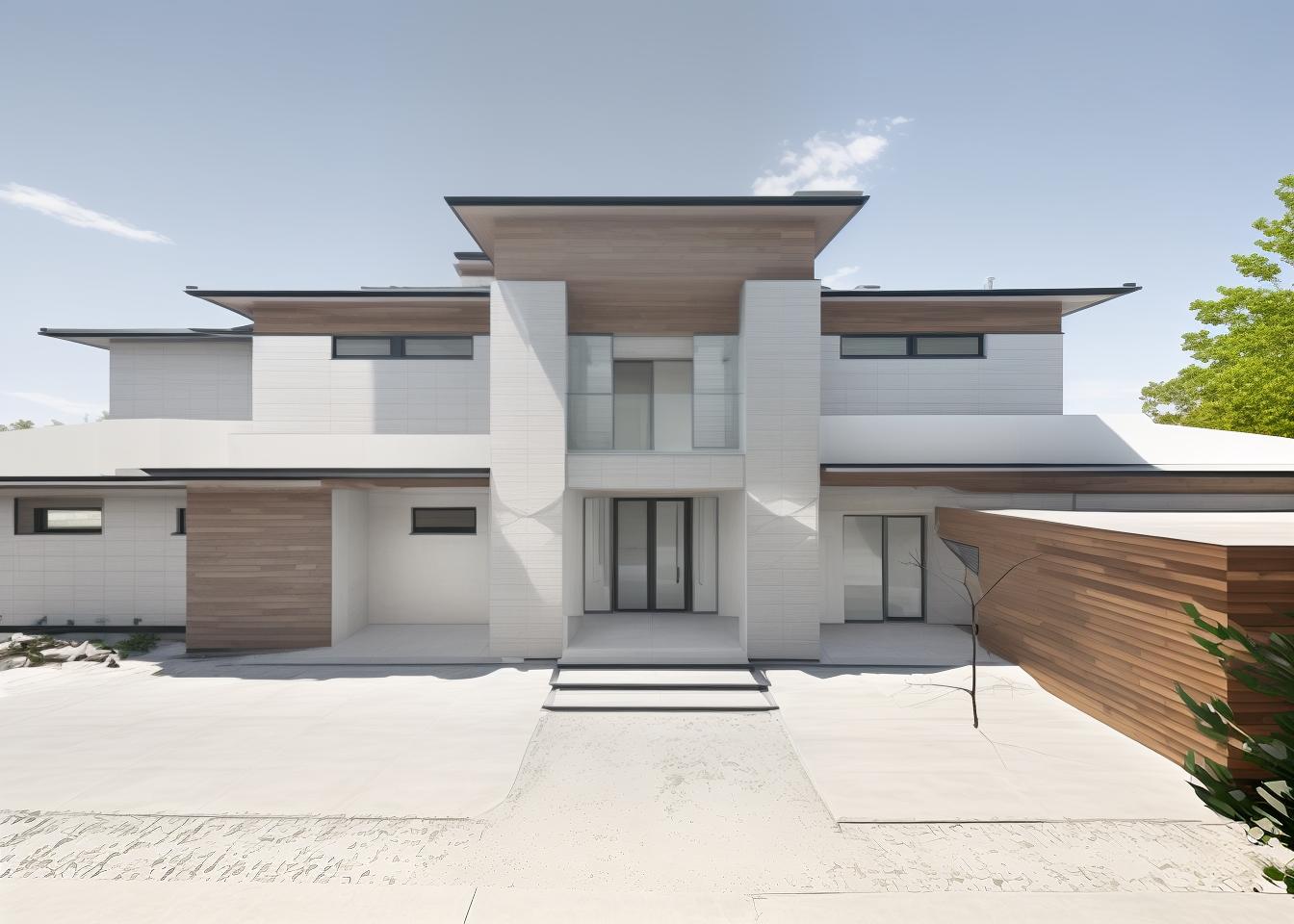  produce a rendering of a house facade with minimalist architecture. the design should emphasize simplicity with a flat roof, large uninterrupted surfaces, neutral color palette, and minimal decorative elements. include large glass panels and a clean, geometric layout to highlight the concept of less is more.