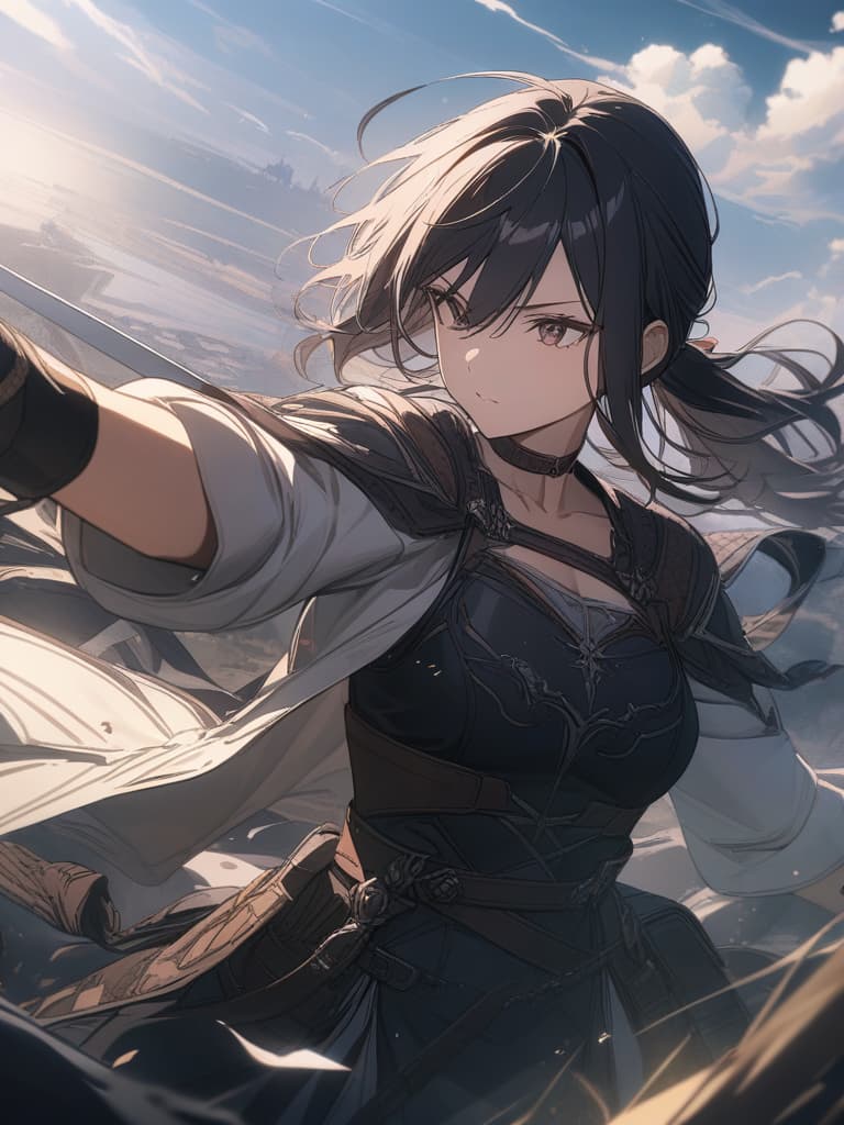  cool, female warlord, sword, ponytail, black hair, wind blowing, happening, battle scene, masterpiece, best quality,8k,ultra detailed,high resolution,an extremely delicate and beautiful,hyper detail