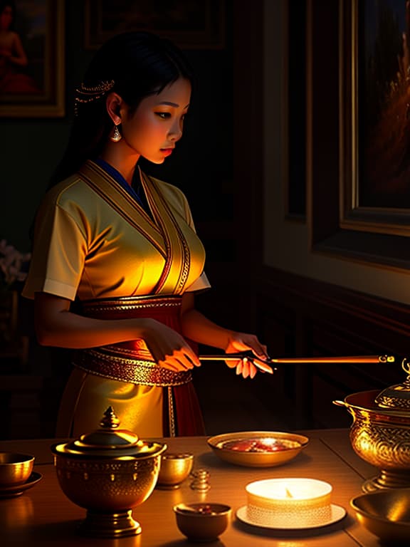  ((detailed)), ((masterpiece)), ((best quality)), ((stunning)), (immersive), meticulous, woman, thai, thai descent, thai people, oil painting, canvas painting, traditional painting, cinematic lighting, evocative lighting, filmic illumination, cinematic atmosphere, long focal length lens, compressed perspective