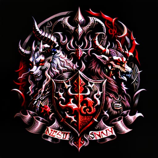  A drawn medieval Coat of Arms for hellish creatures, depicting sins such as Lust, Wrath, Pride, Greed. Demons, horns, sins, symbolism, and many details., (logo:1.3), vector graphics, brand, design, inspired, (straight:1.3), (symmetrical:0.4) hyperrealistic, full body, detailed clothing, highly detailed, cinematic lighting, stunningly beautiful, intricate, sharp focus, f/1. 8, 85mm, (centered image composition), (professionally color graded), ((bright soft diffused light)), volumetric fog, trending on instagram, trending on tumblr, HDR 4K, 8K