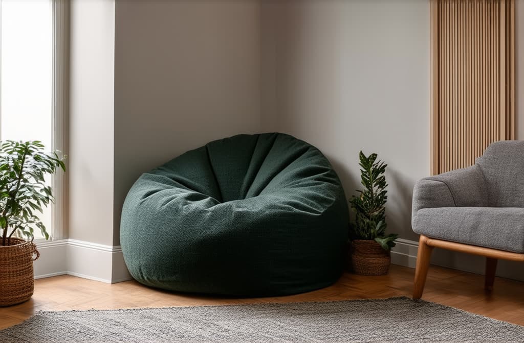  professional detailed photography, bean bag chair in corner. scandinavian, boho interior design of modern living room. ar 3:2, (muted colors, dim colors, soothing tones), (vsco:0.3)