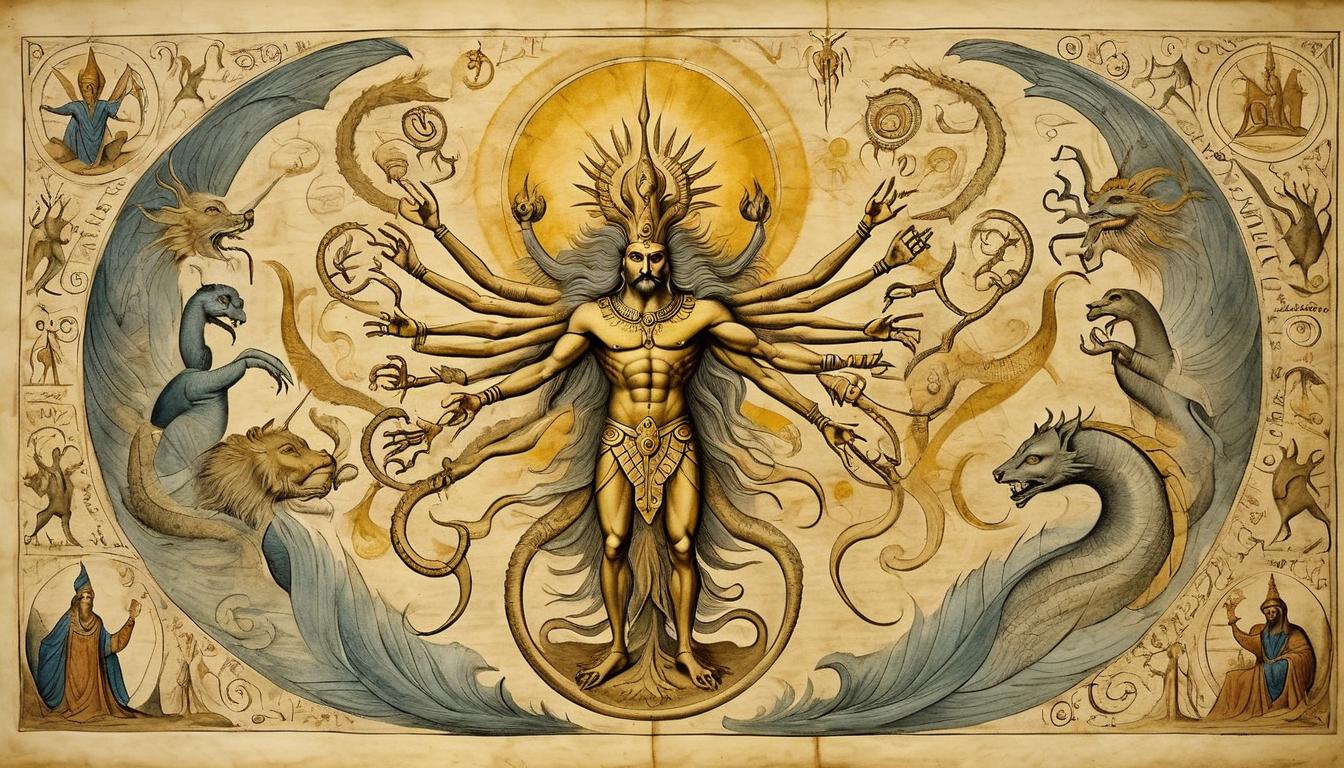  on parchment, surrealism+++, ancient deity with multiple arms, mythical creatures surrounding, golden aura, sense of reverence(mysterious, provocative, symbolic,muted color)+++