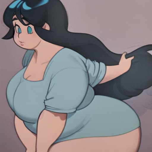  A fat women is hearing a light blue shirt with letters name Sally Carrera, Turquoise eyes, and long straight black hair