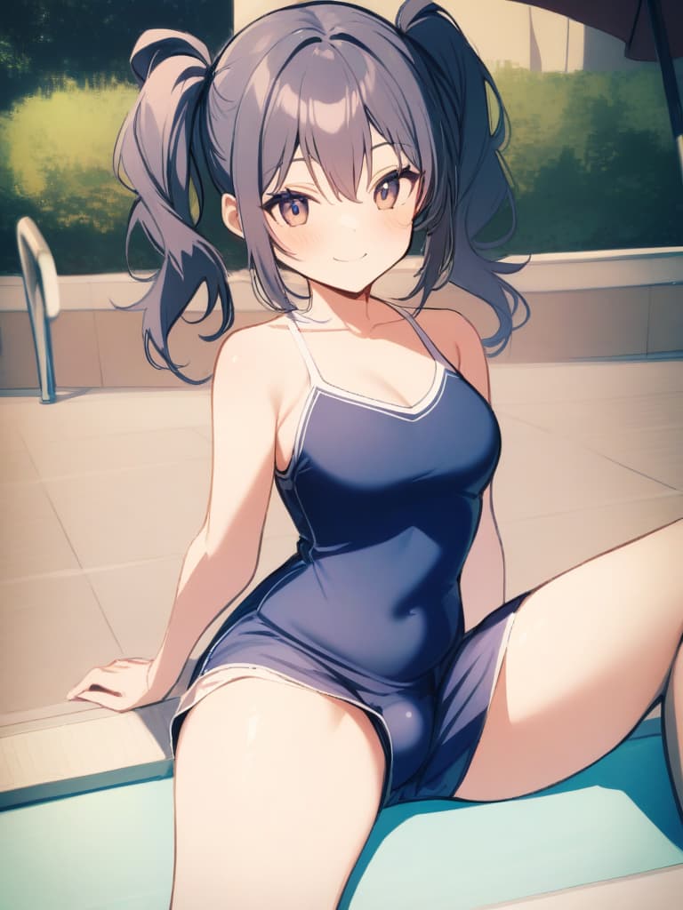  women's elementary students, twin tails, rich smiles, cute smiles, navy blue swimwear, old swimwear, swimwear, simple, male, shaped clear , shaped clear, clear stem, shaped crisp, male bulge,, front. the whole body, pool side,