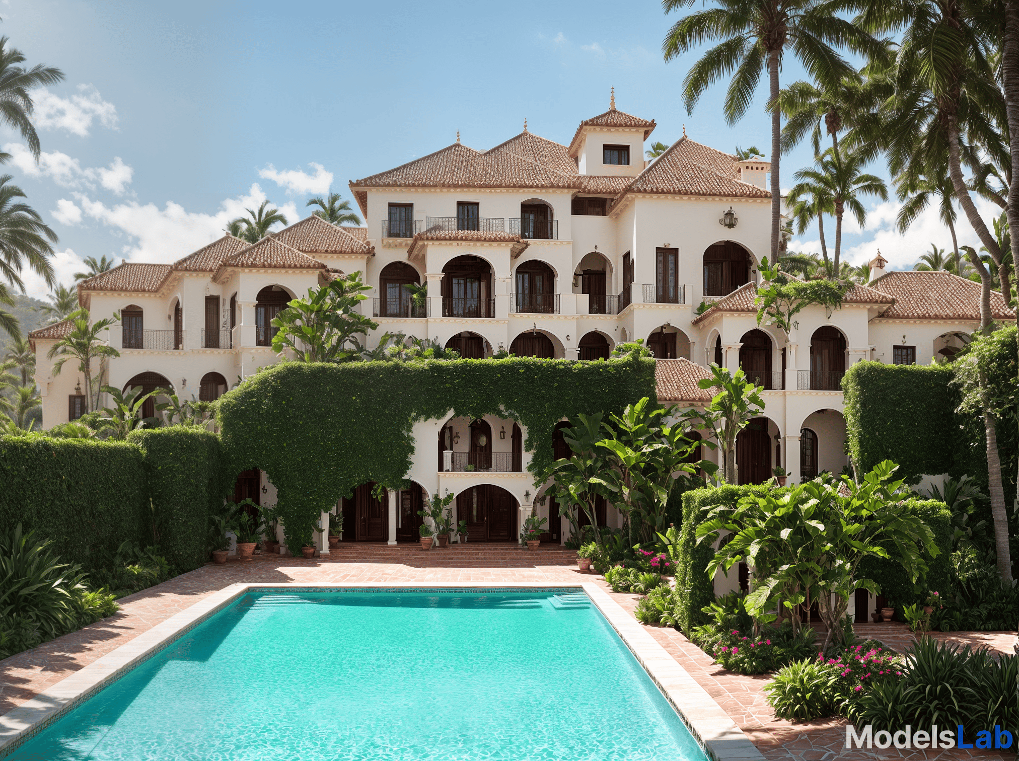  beautiful spanish style luxury villa with tropical touch hyperrealistic, full body, detailed clothing, highly detailed, cinematic lighting, stunningly beautiful, intricate, sharp focus, f/1. 8, 85mm, (centered image composition), (professionally color graded), ((bright soft diffused light)), volumetric fog, trending on instagram, trending on tumblr, HDR 4K, 8K