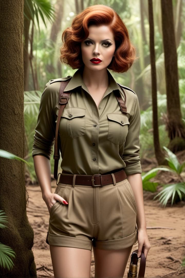  clara bow is a jungle explorer wearing khaki shorts and khaki shirt,sinking neck deep in quicksand hyperrealistic, full body, detailed clothing, highly detailed, cinematic lighting, stunningly beautiful, intricate, sharp focus, f/1. 8, 85mm, (centered image composition), (professionally color graded), ((bright soft diffused light)), volumetric fog, trending on instagram, trending on tumblr, HDR 4K, 8K