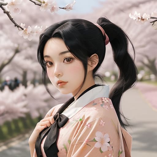  a girl with black hair tied in a low ponytail and an apricot hairpin standing at a cherry blossom festival (in anime/manga style).