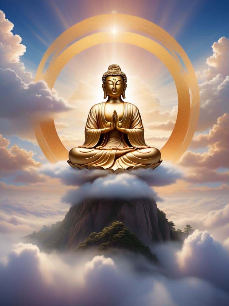  "buddha statue sitting above a sea of clouds, hands naturally placed, displaying a peaceful and serene posture. the background consists of layered clouds, with a golden ring of fire behind the statue, creating a mystical and sacred atmosphere. the overall color tone is warm, conveying a sense of tranquility and calmness."