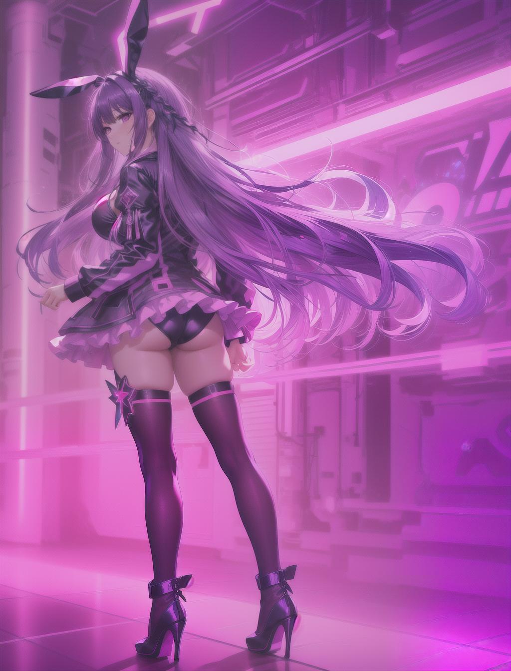  masterpiece, best quality, solo, long purple hair, neon purple eyes, thigh highs, heels, bunny female, red neon light background, full body