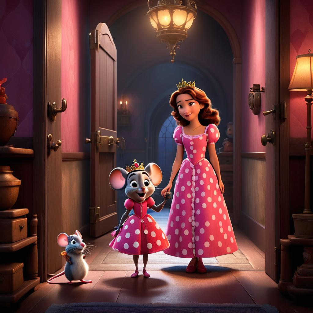  in 3d animated movie style. disney pixar style. "hania, a old with a curious and adventurous nature in a pink polka dot dress, and rosie, a charming in a frilly pink dress with a tiny crown, cautiously enter a chamber. the setting is dark and mysterious, where the mischievous mouse king resides, creating tension. high resolution pixar 3d style with dark grays and reds for a slightly sinister ambiance. soft, warm lighting highlights details. the camera angle is slightly low, focusing on hania and rosie approaching, with the looming presence of the mouse king in the background, evoking suspense. 16:9 aspect ratio."