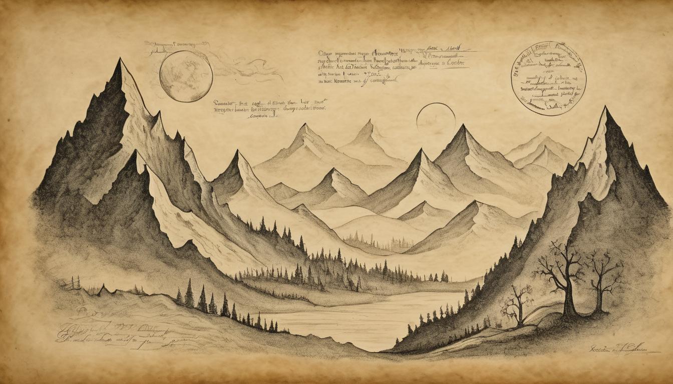  on parchment, surrealism++, towering mountains under night sky, celestial light outlining peaks, divine presence hovering, path illuminated, mystical journey, spiritual ascent(mysterious, provocative, symbolic)++