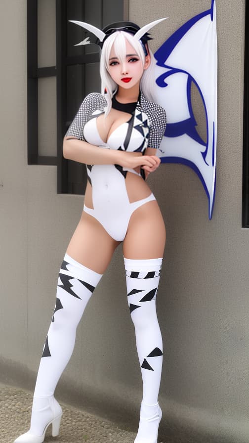  White body paint in every corner of the whole body, full body checker flag pattern body paint, checker flag pattern face paint, succubus, full body image 女性