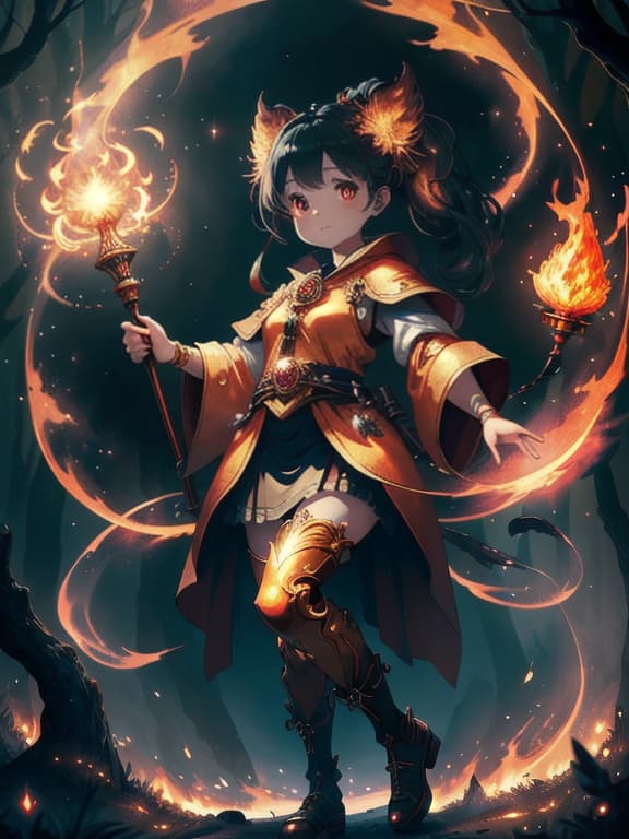  master piece, best quality, ultra detailed, highres, 4k.8k, girl with chubby cheeks and a cute appearance., controlling flames with her hands, creating a small fireball., innocent and determined expression., break a girl with the power of manipulating flames is the main focus of the illustration., a mystical forest with glowing fireflies and ancient trees in the background., ancient book with fiery symbols, a staff with a flame shaped crystal, and a small magical creature., break enchanting and mysterious atmosphere with a warm glow from the flames., fiery aura surrounding the character, creating a beautiful and captivating scene. hyperrealistic, full body, detailed clothing, highly detailed, cinematic lighting, stunningly beautiful, intricate, sharp focus, f/1. 8, 85mm, (centered image composition), (professionally color graded), ((bright soft diffused light)), volumetric fog, trending on instagram, trending on tumblr, HDR 4K, 8K