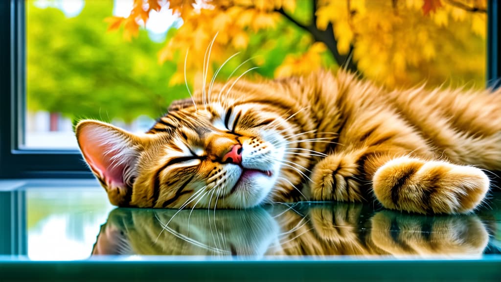  a cute cat is lying on the glass table, with its head resting against it and eyes closed. the reflection of the window can be seen in front of him. it has long hair that droops down to its neck, giving off an adorable impression. in autumn outside, there’s greenery and trees visible through the window. ar 16:9 {prompt}, maximum details