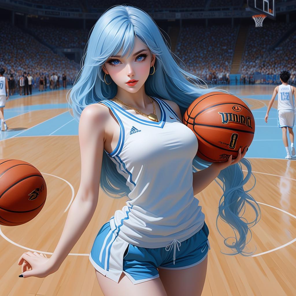  anime art very beautiful, ghost , skin woman, icy blue eyes, upturned eyes, long hair, pale blue hair, bottom heavy lips, s shaped eyebrows, greek nose, oblong shaped face, has various necklaces, , lean figure, long legs, ghost, black and gold basket ball jersey, basketball court., award winning, professional, highly detailed, masterpiece