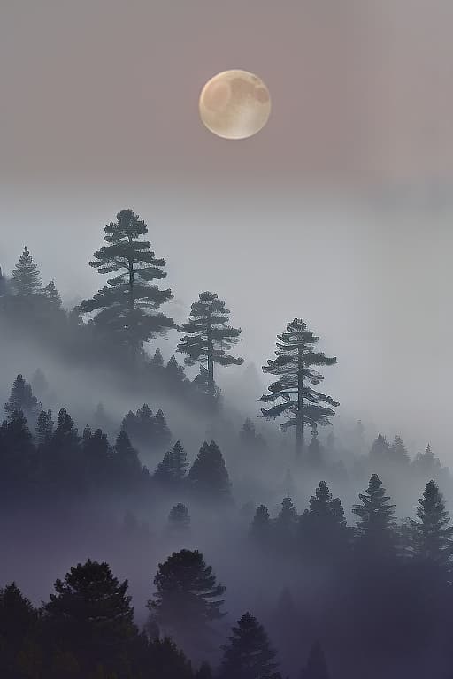  autumn night, moon over pine trees, fog, forest, chinese style