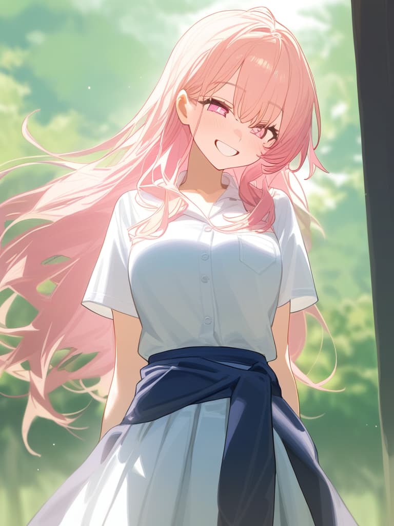  1girl,(blonde:1.3),(pink hair mesh:1.2),high school student,to tie one’s jacket around one’s waist,side tail,long hair,valley girl,hanging eyes,school uniform,a big smile