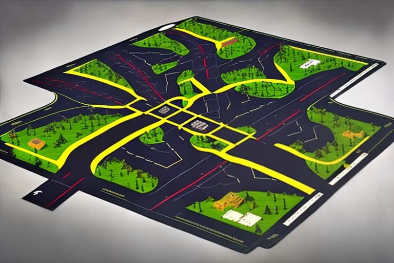 estilovintedois Generate a blank road play mat of Gotham City, featuring: - A detailed network of roads, highways, and alleys - Blank spaces where buildings and landmarks would be, allowing for placement of individual location images - Include iconic road features like streetlights, manhole covers, and crosswalks - Maintain a dark, gritty, and gothic atmosphere, inspired by the Batman franchise - Dimensions: A large, foldable road play mat, ideal for tabletop games and creative play Note: The focus is on the road layout and infrastructure, with blank spaces for adding individual location images, like the ones we previously discussed.