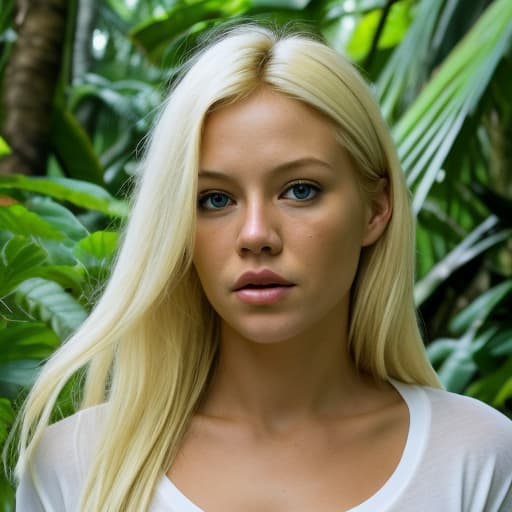  Blonde woman lost in the jungle with a white ripped t shirt