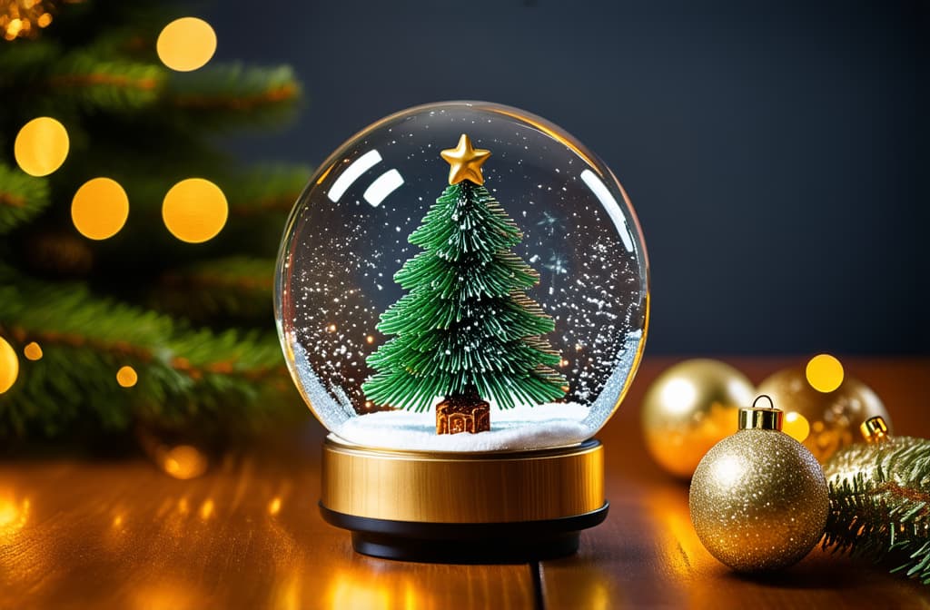  professional detailed photography, christmas snow globe with fir tree and golden decorations on wooden table. holiday background with bokeh lights. holiday decor. flat lay composition with copy space for design and print. ar 3:2, (muted colors, dim colors, soothing tones), (vsco:0.3)