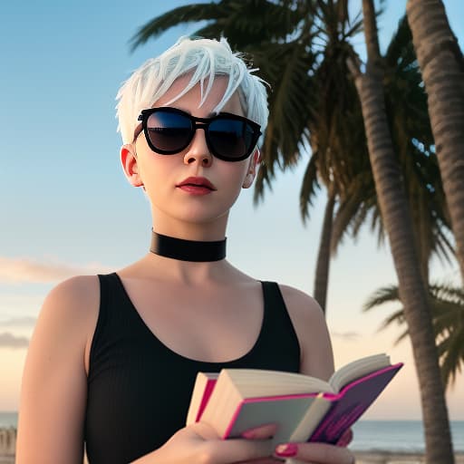  a woman with white hair, a short haircut "pixie." in sunglasses, a t shirt top, with a choker around her neck, stands against a neon sunset. in full height. in her hand holds a book. on the cover, it says juf. coast of the sea, shade of palm trees. digital photo. high detail. high realism.