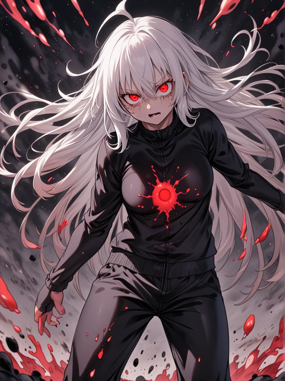  manga artwork satoru gojo, jujutsu kaisen, female version, beautiful woman with long white hair, red eyes from the galaxy. revealing her deep red eyes, super detailed eyes. compressed black clothes, baggy sweatpants. strong body. background of a black desert full of slime, hyper realistic atmospheres, details, 8k she is ready to fight, making a pose with her hand. manga artist. manga, highly emotional. best quality, high resolution