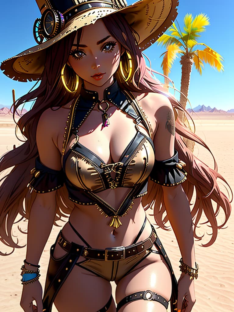  A medium, photo of a female influencer on the desert festival, dressed in a revealing rave outfit, decorated with fringe, bright outfit, steampunk style, daytime, desert background, sharp focus, cinematic, hd