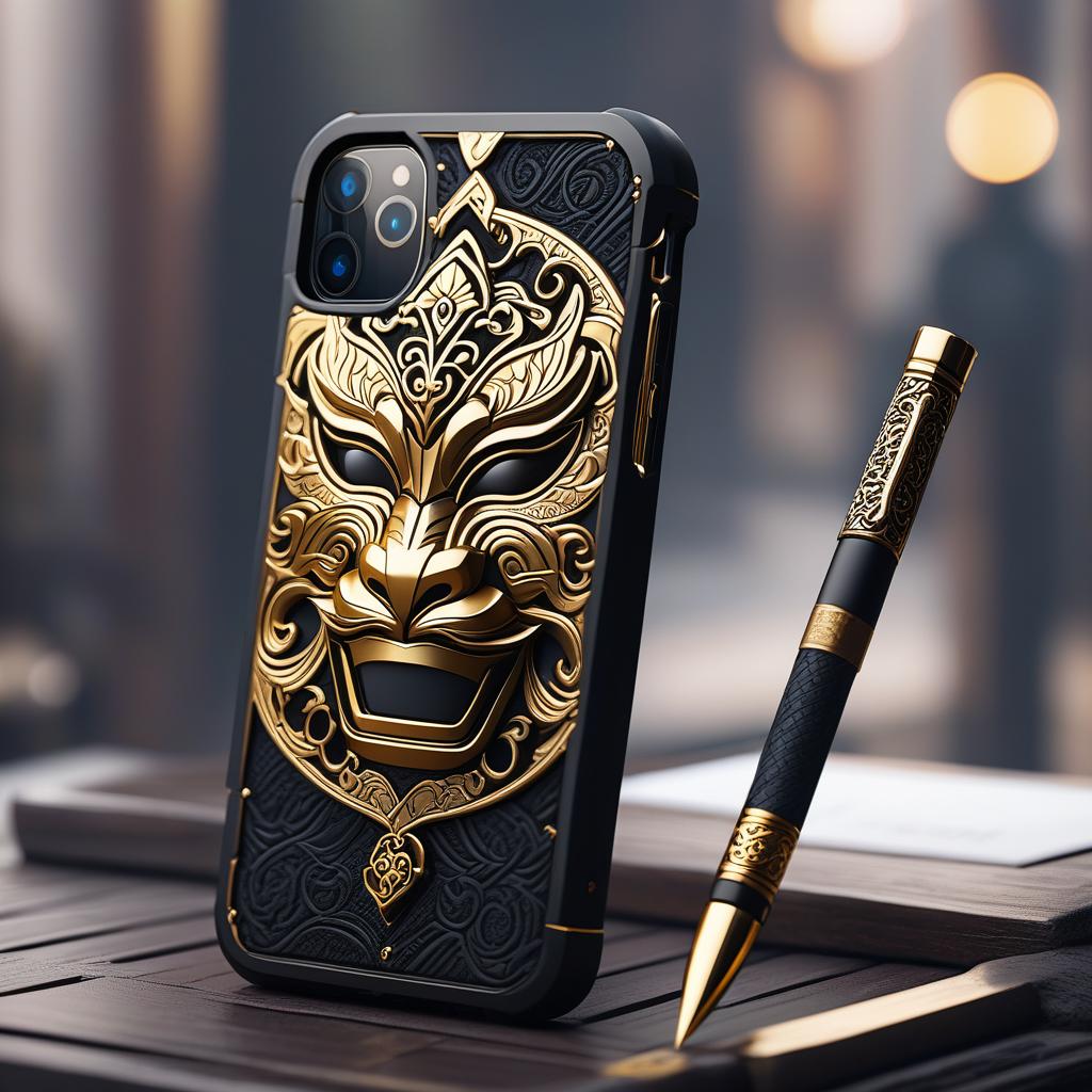  a very detailed and luxurious case for the iphone 15 plus, inspired by black myth: wukong, in which sun wukong holds a golden stick in a dynamic battle pose. the case is set in gold with abrasive leather to create a strong three dimensional effect. featuring a rich palette of black and gold, the design features smooth surfaces and intricate textures that combine traditional chinese elements with a modern aesthetic. the sleek case has smooth, rounded edges with a molten metal texture that is both protective and personal., cinematic film style, shallow depth of field, vignette, highly detailed, high budget, bokeh, cinemascope, moody, epic, gorgeous, film grain, grainy