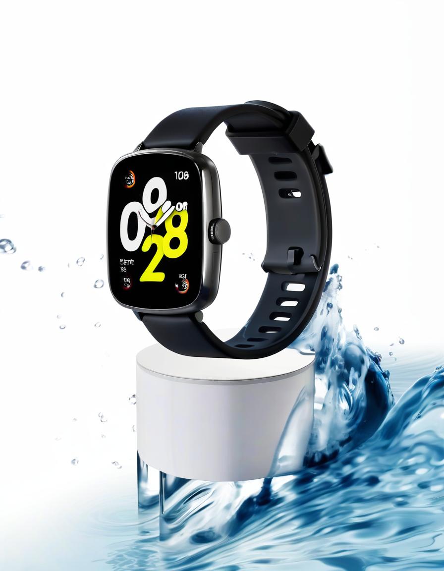  smart watch on stand, around water splash, light background, film photography style