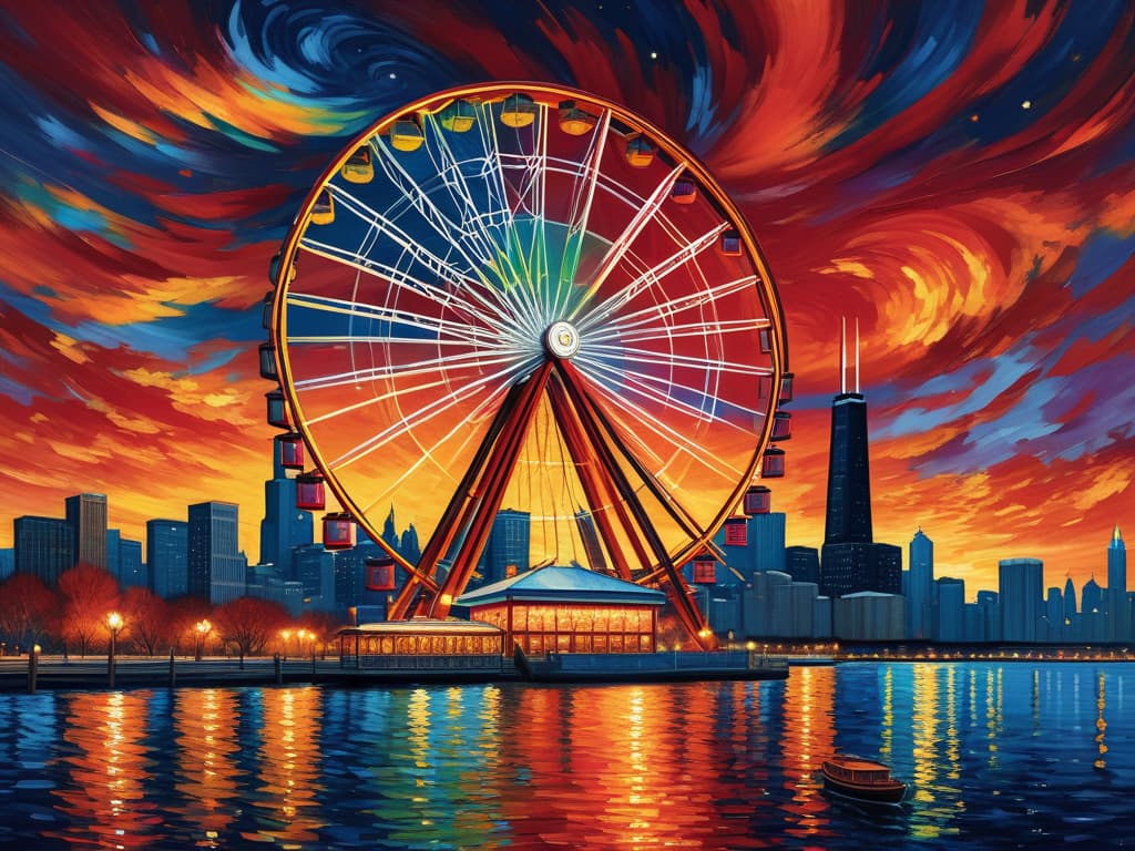  concept art chicago’s centennial ferris wheel, chicago’s navy pier, chicago skyline with prominent towers like willis, hancock, crains communication (slice building) with colorful van gogh swirls in the sky, van gogh's starry starry night with colorful red and orange swirls in the beautiful night sky, hyper realistic, chicago skyline, mesmerizing, intricate details, flambient golden and red sunrise, dramatic lighting, epic composition, wide angle, cinematic, masterpiece, high resolution, sharp details, best quality, 4k, raw photo, van gogh influence, studio lighting, impressionist, bold colors, starry sky, architectural elements, medium format lens, high angle, cityscape, city life, metropolitan, van gogh's brushstrokes, van gogh's shad