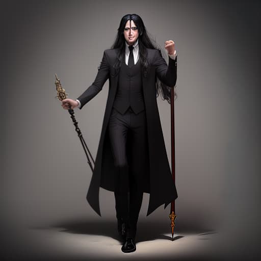  a sorcerer, a man, a man, long black hair, a strict modern three piece suit, a staff. full height.