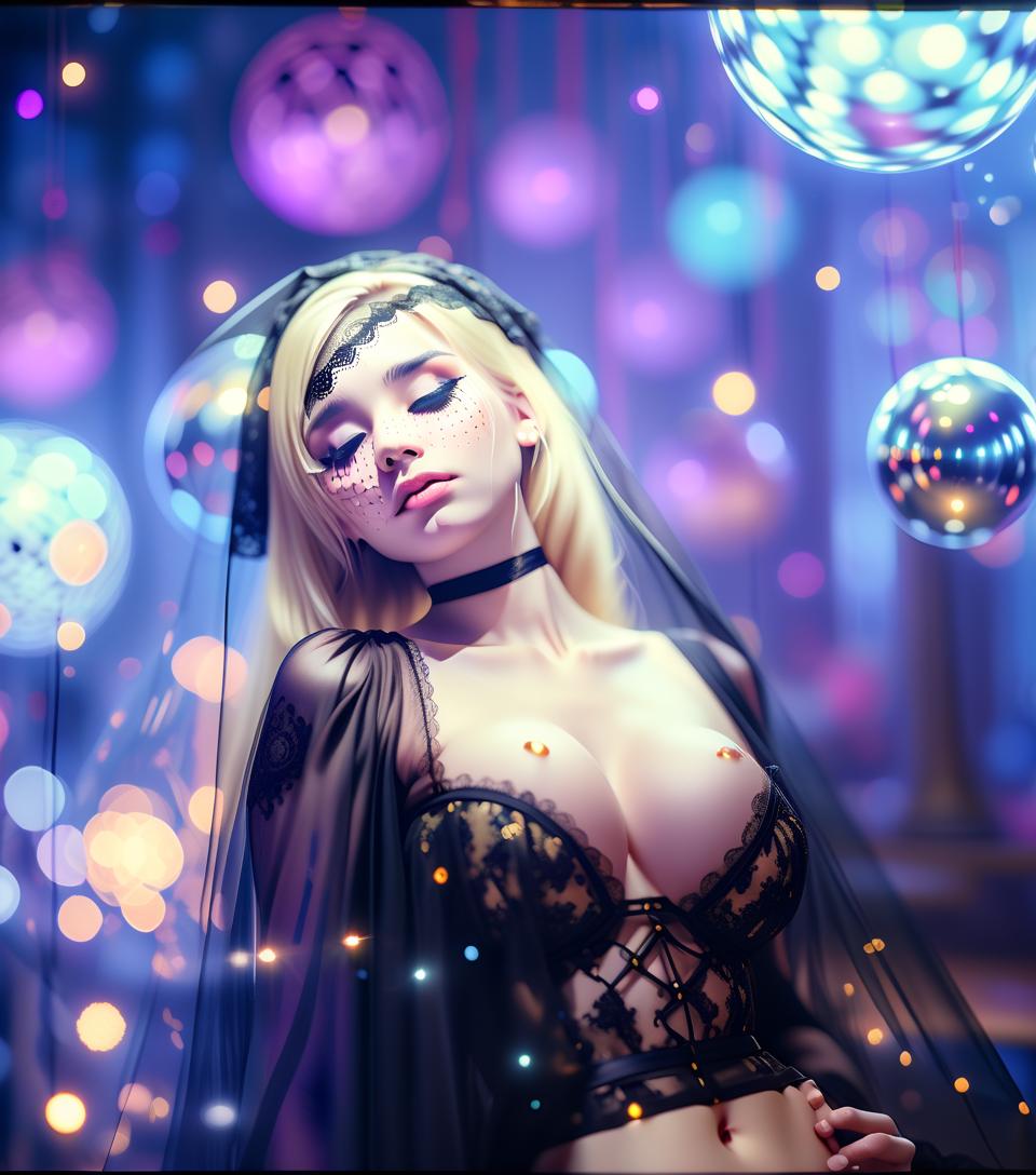  cinematic photo the girl is blonde, in a black top, a black veil on her head, a large bust, against the background of magic balls. . 35mm photograph, film, bokeh, professional, 4k, highly detailed, perfecteyes, hkmagic, glowneon