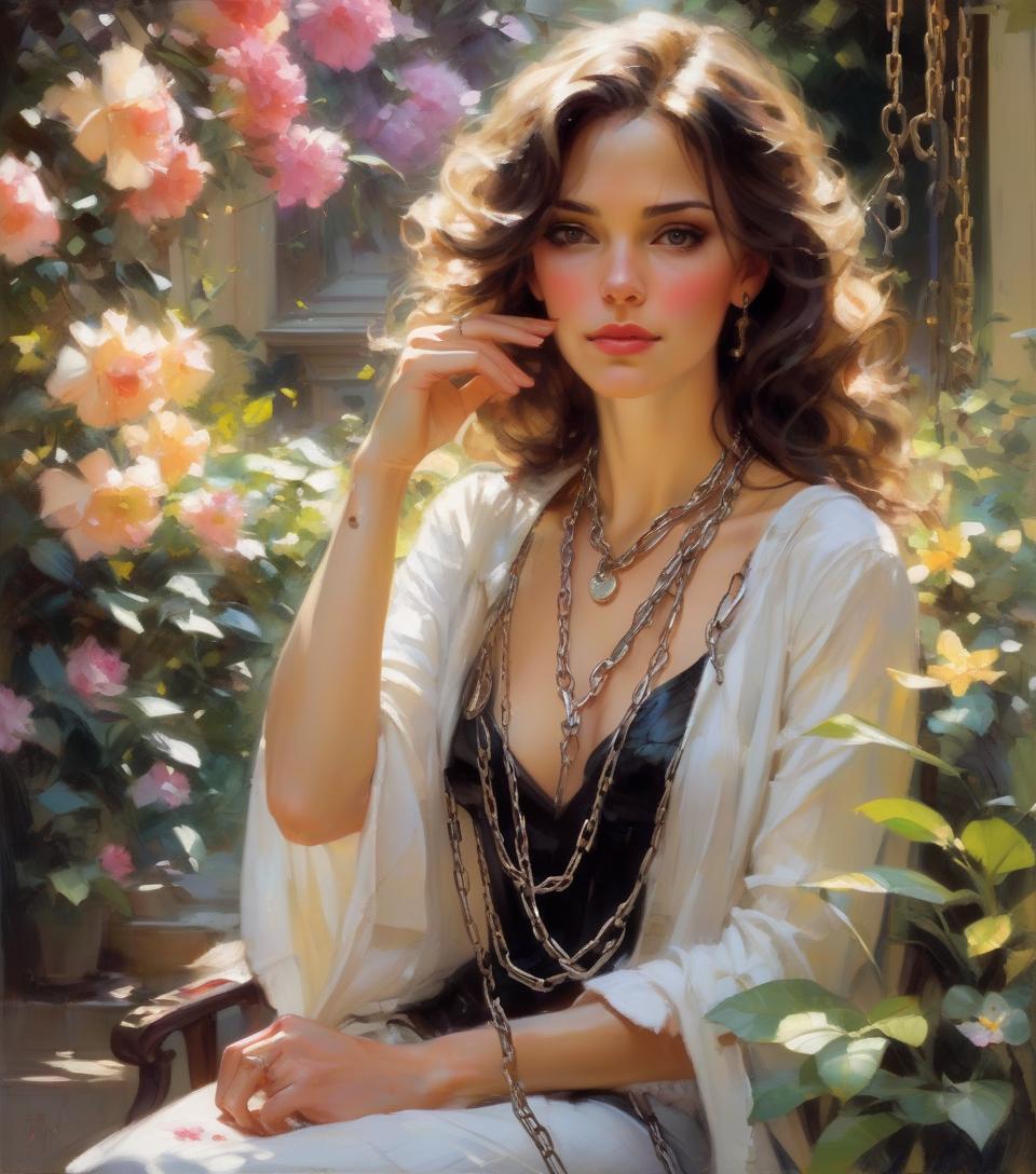  a charming lady sitting in a beautiful garden, chains around her neck, tears running down her cheeks. michael garmash, daniel f gerhartz, jeremy mann