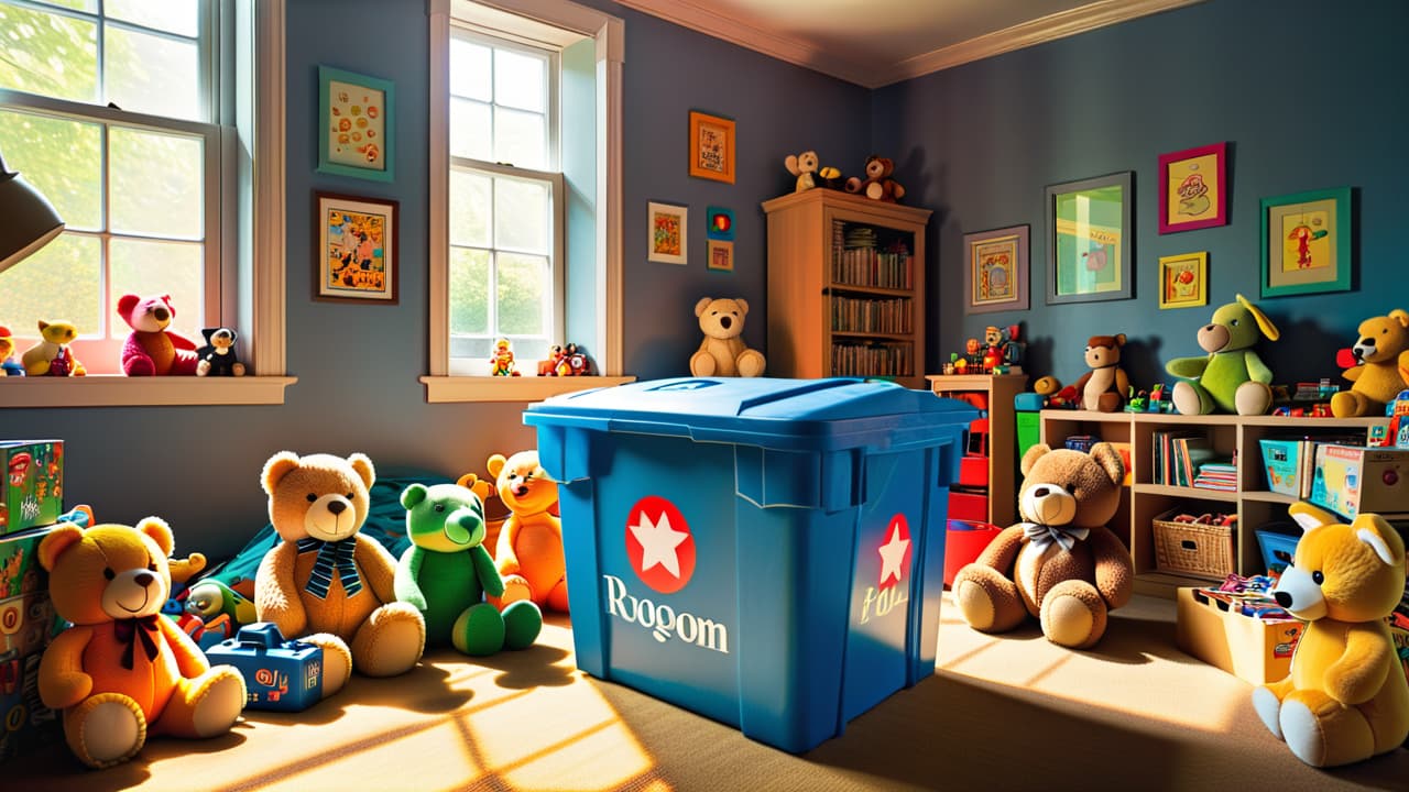  a cluttered playroom filled with a mix of vibrant plastic toys, wooden blocks, and plush animals. sunlight streams through a window, casting shadows, while a recycling bin sits in the corner, overflowing with discarded packaging. hyperrealistic, full body, detailed clothing, highly detailed, cinematic lighting, stunningly beautiful, intricate, sharp focus, f/1. 8, 85mm, (centered image composition), (professionally color graded), ((bright soft diffused light)), volumetric fog, trending on instagram, trending on tumblr, HDR 4K, 8K