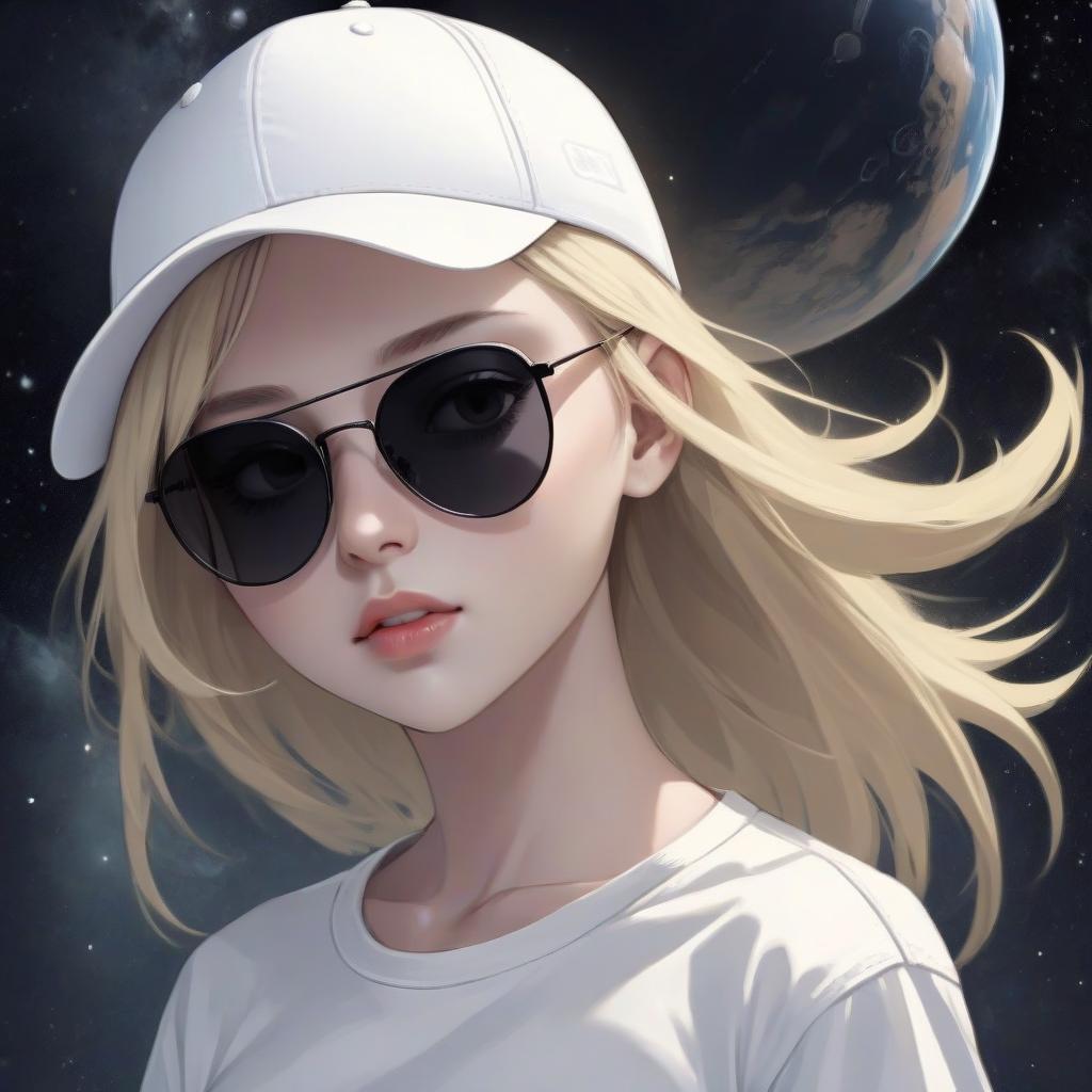  blonde girl in a white t shirt, dark sunglasses and a white cap, space