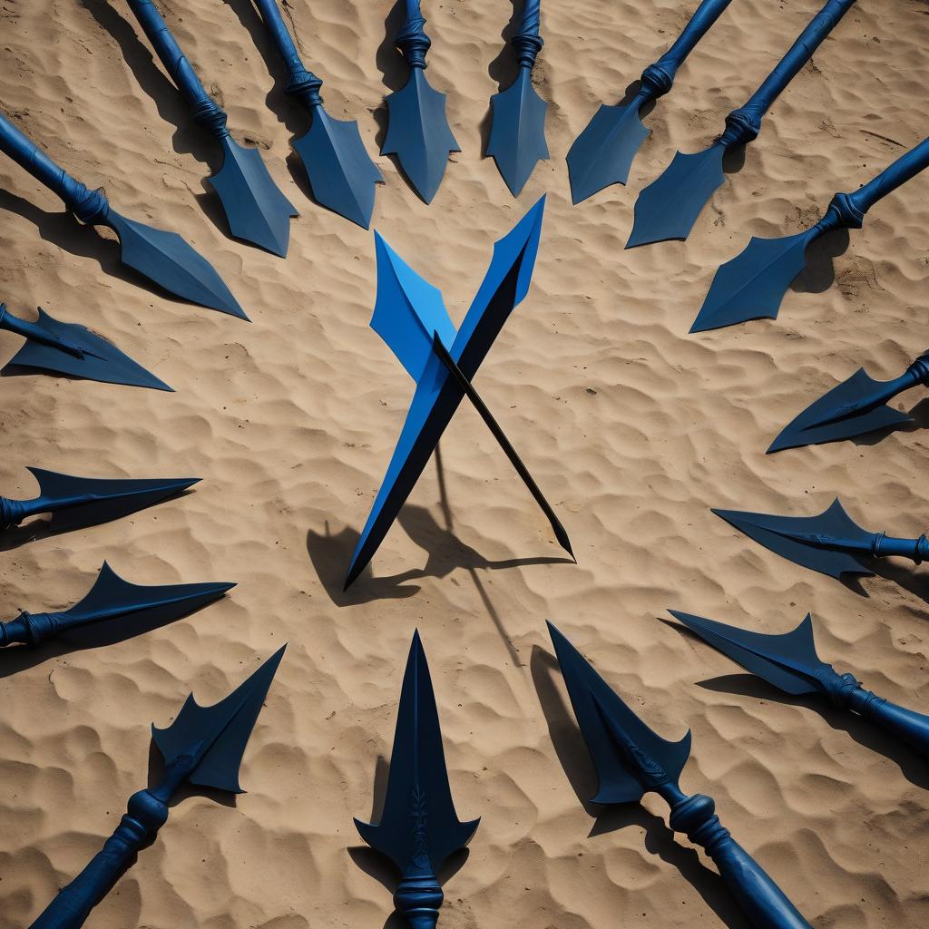  a blue spear poked into the ground, equal to eight all black silhouettes, standing around the spear, the same