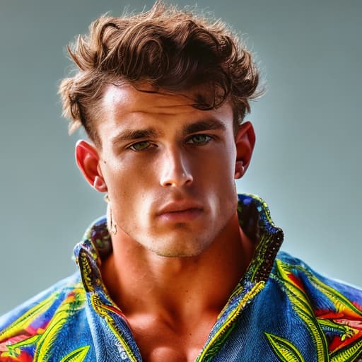 portrait+ style Australian queer pro bodybuilder brunette hunk dude face