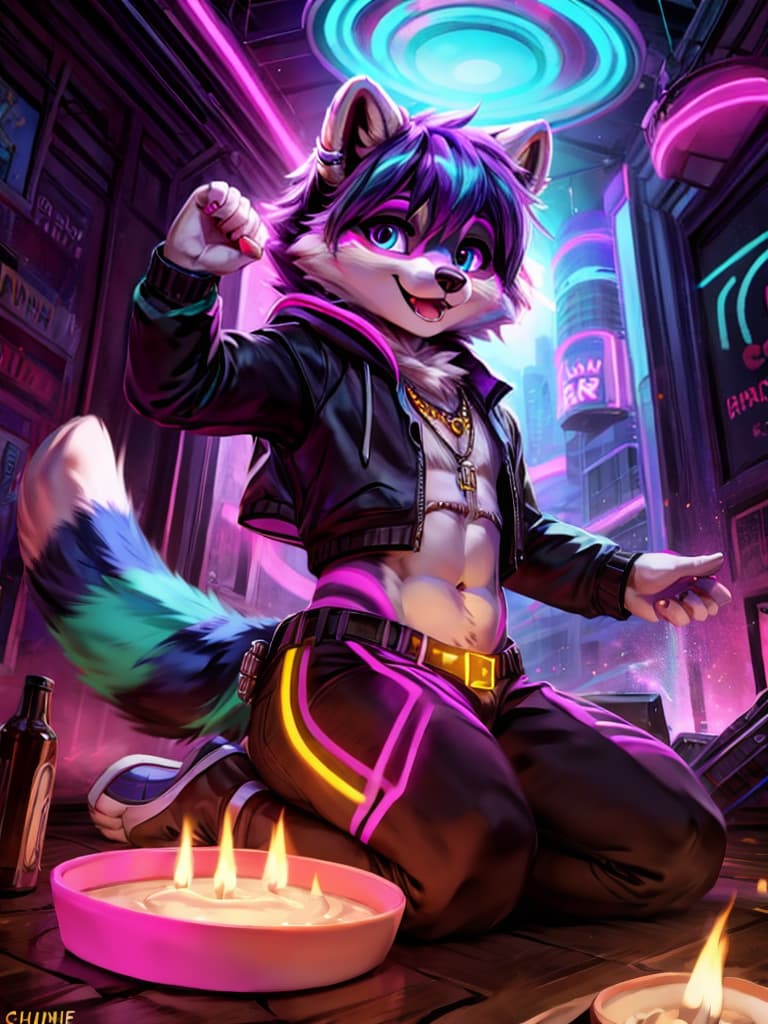  chunie indigo park game rambley the ai hologram raccoon, (magic neon:1.25)