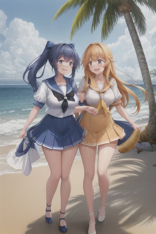  &quot;A seaside scene. Two female students standing on the beach. They are wearing uniforms and are laughing happily. In the background, there is a blue sea and sky, and some palm trees. The overall atmosphere is bright and cheerful.&quot; With instructions like these, the AI should be able to generate the desired scene properly. If you want to provide more detailed instructions, you can also add elements such as: Details of the s&#39; outfits (e.g. sailor suits, color, etc.) Specific actions they are taking (e.g. holding hands, picking up shells, etc.) Time of day (e.g. dusk, midday, etc.) Weather (e.g. sunny, partly cloudy, etc.) hyperrealistic, full body, detailed clothing, highly detailed, cinematic lighting, stunningly beautiful, intricate, sharp focus, f/1. 8, 85mm, (centered image composition), (professionally color graded), ((bright soft diffused light)), volumetric fog, trending on instagram, trending on tumblr, HDR 4K, 8K