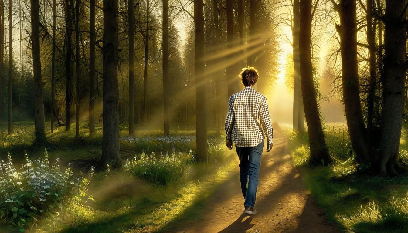  hyperrealistic art a man in a checkered shirt walks along a path towards the forest, with low and very lush trees, the golden hour, the rays of the sun through the trees, the hands of a man are spread out to the sides, a low tree, a flower meadow, very low trees . extremely high resolution details, photographic, realism pushed to extreme, fine texture, incredibly lifelike