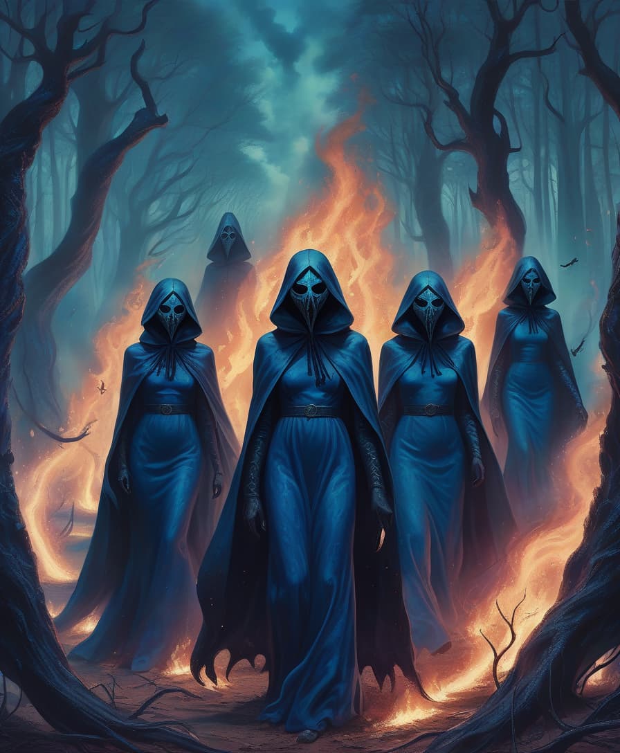  lovecraftian horror coven of witches. black masks on their faces. big blue fire. forest edge . eldritch, cosmic horror, unknown, mysterious, surreal, highly detailed